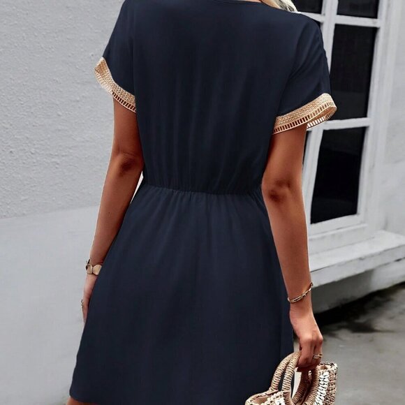 Navy Blue Casual Women's Stylish Summer V-Neck Fringed Belted Dress - Picture 2 of 7